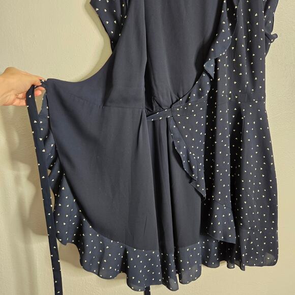 Sunday Best Heart Print Ruffle Mini Wrap Dress Navy Size 4 Date Night Out Brunch - Picture 9 of 11